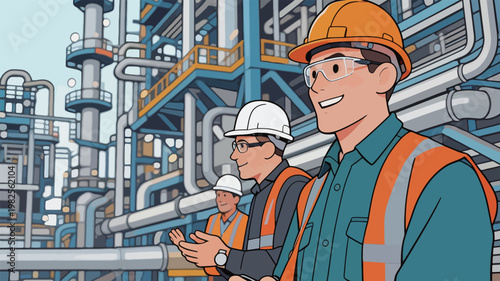 Industrial Workers in Front of Refinery Plant