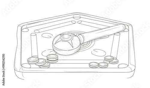 Monoline carrom striker and board outline sketch minimal indoor game vector design