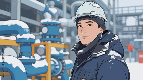 Male Worker in Industrial Plant During Winter