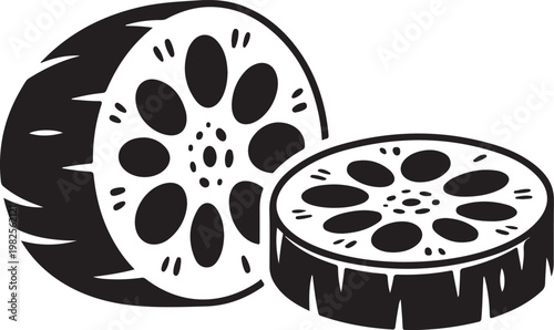 Several slices of lotus root showing a cross-section with a distinct pattern of holes on transparent background.