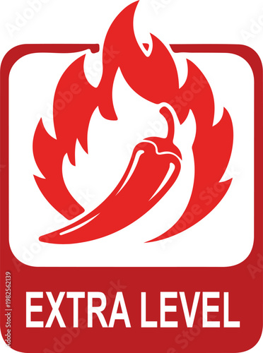 Spicy food concept, red chili pepper engulfed in flames with text extra level, representing extreme heat and intense flavor, hot sauce ingredient symbol.