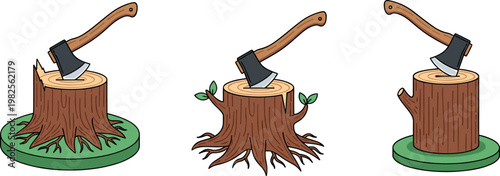 Axe Set in Tree Stumps with Greenery for Logging, Forestry, and Outdoor Adventure Designs