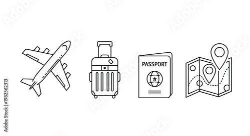 A set of travel related icons including an airplane luggage passport and map with a pin for travel and tourism concepts, Generative AI.