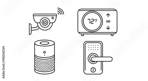 Vector illustration of smart home devices including security camera thermostat smart speaker and smart lock, Generative AI.