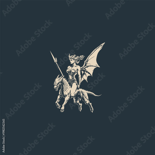 Vintage engraving style illustration of a female winged warrior riding a mythical beast and holding a spear