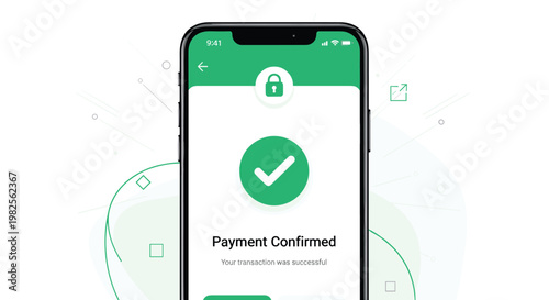 A smartphone screen displays a payment confirmed message with a green checkmark and lock icon on a with green accents, Generative AI.