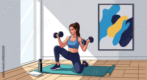 A woman is kneeling on a green yoga mat in a room holding dumbbells in both hands while wearing a blue sports bra and leggings, Generative AI.