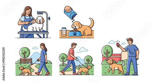 Vector illustrations of people taking care of dogs and walking them in the park with various activities and actions, Generative AI.