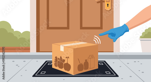 A gloved hand using a smart doorbell to receive a delivery package on a welcome mat in front of a brown wooden door with a plant on the side, Generative AI.