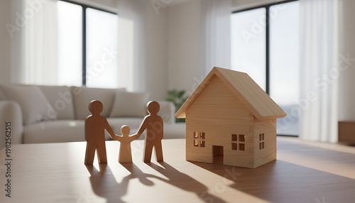 Wooden family cutouts stand beside a tiny house symbolizing home. Cozy Home & Family Sanctuary