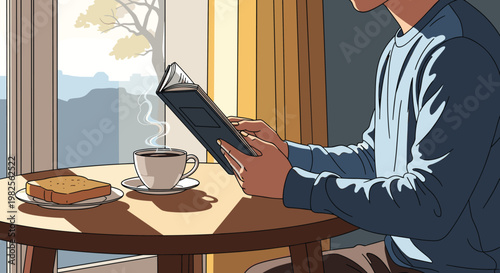 Man sitting at a table reading a book with a cup of coffee and toast on the table in front of him by a window, Generative AI.