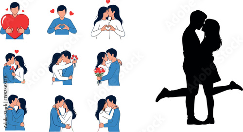Romantic couples collection with love gestures hugging kissing and heart symbols including silhouette pair vector illustration set