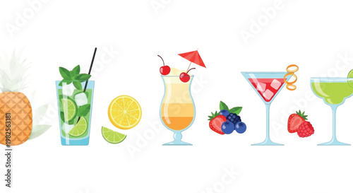 Cocktail icons, drink symbols, beverage graphics, bar illustrations, 6 colorful elements