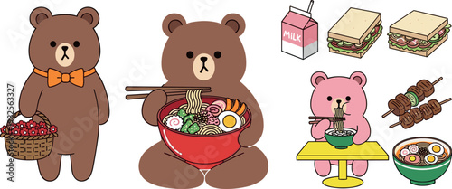 Cute bear characters eating food collection with ramen sandwiches milk and snacks kawaii animal vector illustration set