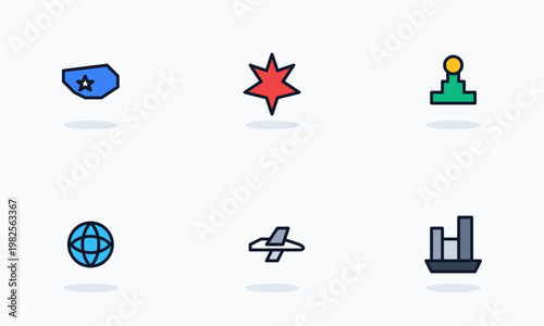 Hand-drawn graphic icons representing soccer tournament host city landmarks and stadium architectural elements for North American authentic illustration