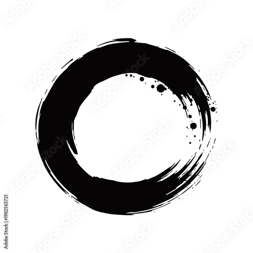 A black hand-drawn Enso circle, a symbol of Zen Buddhism, enlightenment, and the universe, with brush strokes and ink splatters on a white background.