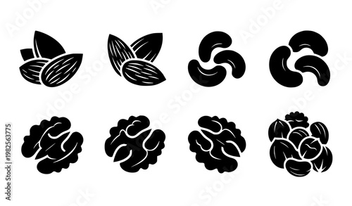 Dry fruits silhouette icon set almonds cashews walnuts vector