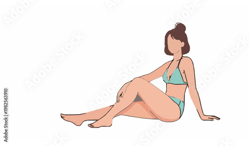 Young woman in bikini sitting pose flat vector illustration isolated on white background beauty model concept with copy space