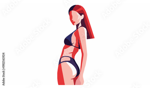 Stylized bikini model side pose flat vector illustration isolated on white background modern beauty fashion design with copy space