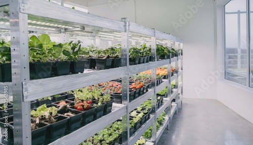 Modern Indoor Vegetable Seedlings Growing on Metal Shelves in Bright Hydroponic Farm