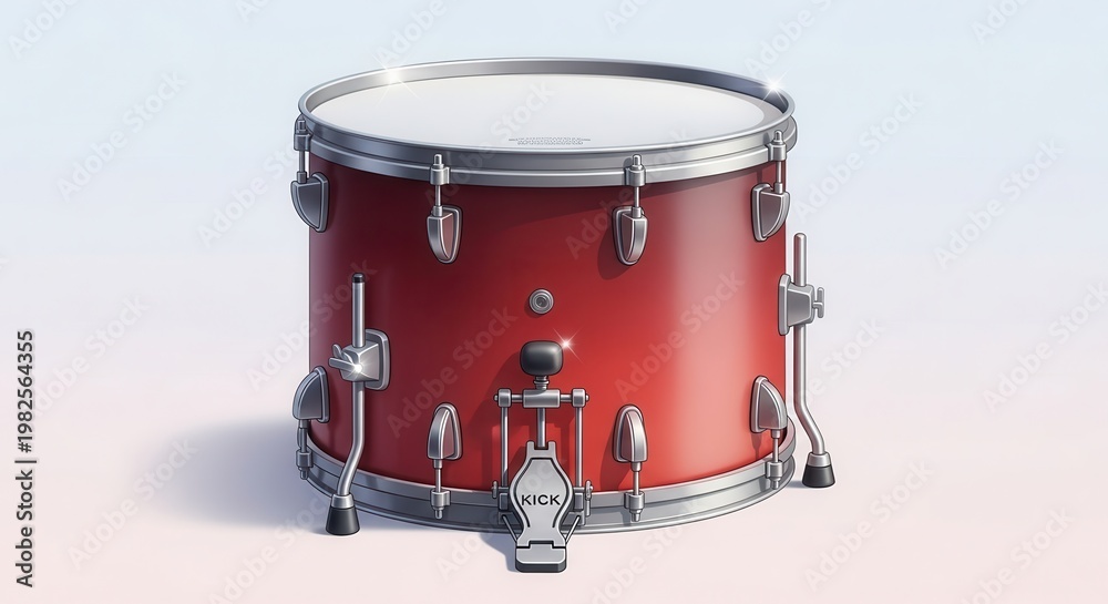 Obraz premium Vibrant crimson bass drum with shining silver hardware and prominent kick pedal for rhythmic