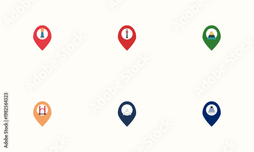 Hand-drawn host nation city landmarks and map pins representing various international stadium locations and famous monuments authentic illustration