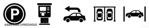 Diverse collection of essential parking related icons and symbols including parking meters, directional arrows, and car spaces, perfect for navigation systems, city maps, and informational
