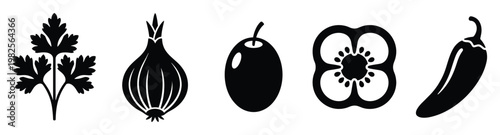Black and white vegetable icons for food packaging, recipe cards, restaurant menus, cooking blogs, or healthy eating applications