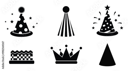Collection of various celebration party hats, birthday crown, and festive cake icons perfect for joyful event graphics, invitations, or greeting cards.