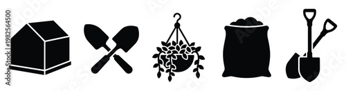 Essential gardening and horticulture elements featuring greenhouse structure, various shovels, potted hanging plant, and soil bag ideal for agricultural business marketing and educational