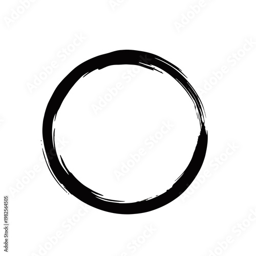 Black hand-drawn brushstroke circle or enso on a white background, symbolizing emptiness, enlightenment, or the universe in Zen Buddhism.