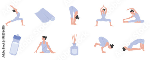 Flat vector illustration set of women practicing various yoga poses with equipment. Flat design vector pack of female yoga poses, workout mat, and fitness accessories