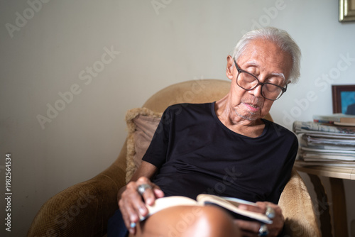 Senior Southeast Asian Man in Glasses Reading a Book Peacefully at Home in Armchair