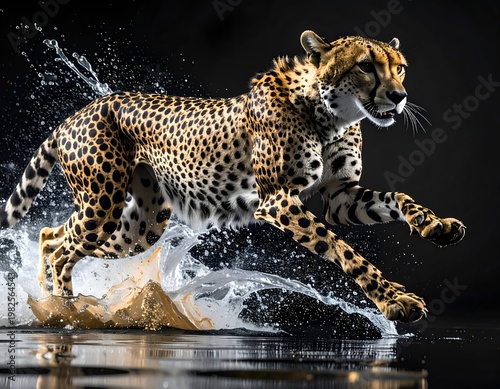 Spectacular high speed action photography of a wild cheetah running fiercely and splashing through clear water in the dark.