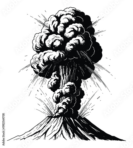 Dramatic black and white illustration of a powerful volcano eruption featuring an immense ash cloud and explosive force for dynamic environmental or hazard graphics