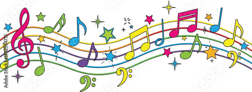 Colorful Music Notes and Stars on Staff