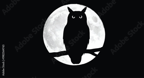 Owl Sitting on Branch in Front of Full Moon at Night
