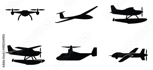 Collection of diverse aircraft silhouettes including drones, seaplanes, and tiltrotor vehicles perfect for aviation technology presentations or transportation industry graphics.