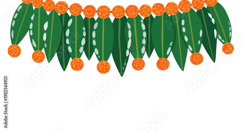Festive traditional Indian toran decoration featuring vibrant green leaves and bright orange marigold-like flowers.