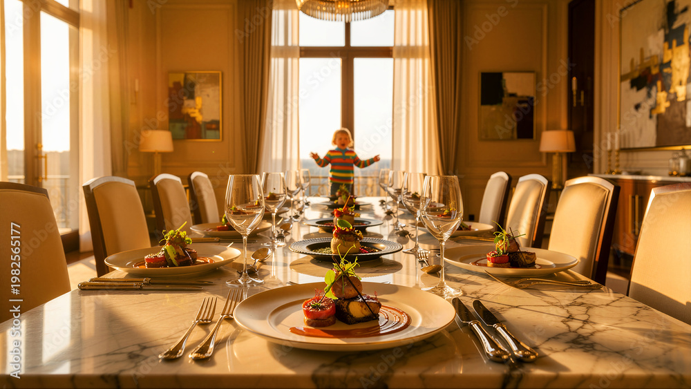 Fototapeta premium This meticulously arranged luxurious dining table, prepared for a sophisticated gourmet experience, showcases exquisite culinary artistry with perfectly plated dishes, gleaming silverware, sparkling