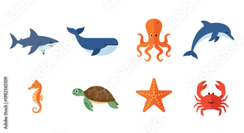 Colorful cartoon illustrations of diverse marine animals including a shark, whale, octopus, and seahorse.