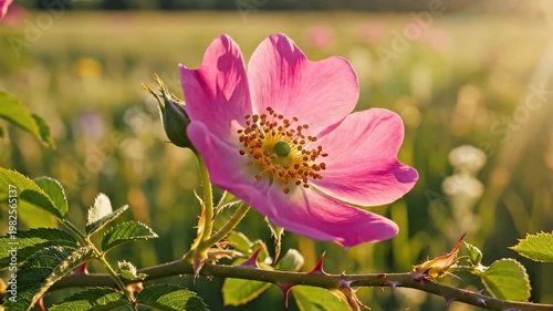 Blooming pink wild rose on thorny branch in sunny meadow 4K Video