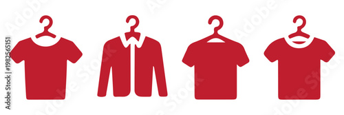 T Shirt on Hanger Black and Outline Vector Set for Apparel Design. Fabric and clothes recycle. clothing icon set featuring a t-shirt, dress and hanger. Set line T-shirt on hanger icon isolated