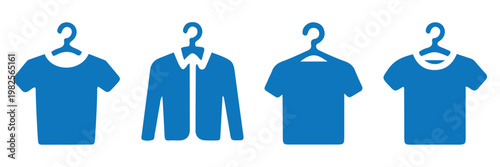 T Shirt on Hanger Black and Outline Vector Set for Apparel Design. Fabric and clothes recycle. clothing icon set featuring a t-shirt, dress and hanger. Set line T-shirt on hanger icon isolated