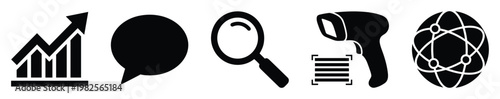 Essential business icons representing data growth communication search scanning and global networking useful for presentations dashboards and modern digital applications