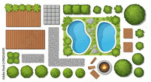 Top-down illustration of a modern backyard layout. Includes two pools, stone paths, wood decks, a fire pit, and trees. Perfect for landscape design and outdoor living concepts