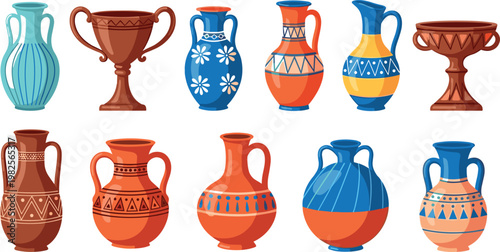 Illustration Set of Colorful Vases and Cups with Geometric and Floral Patterns