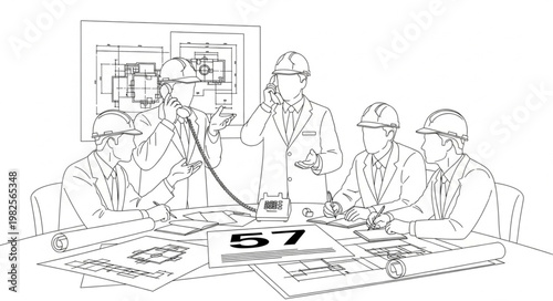 Team of construction workers gathered around a table with blueprints.