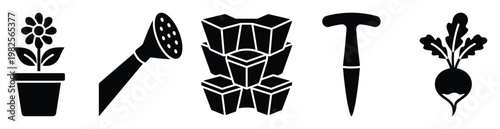 Gardening and plant icons including a potted flower, watering nozzle, vertical garden system, planting dibber, and a beetroot, ideal for agriculture and horticulture purposes.