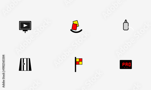 Hand-drawn sports icons featuring soccer referee gear such as penalty cards flags spray jerseys monitors and substitution panels authentic illustration